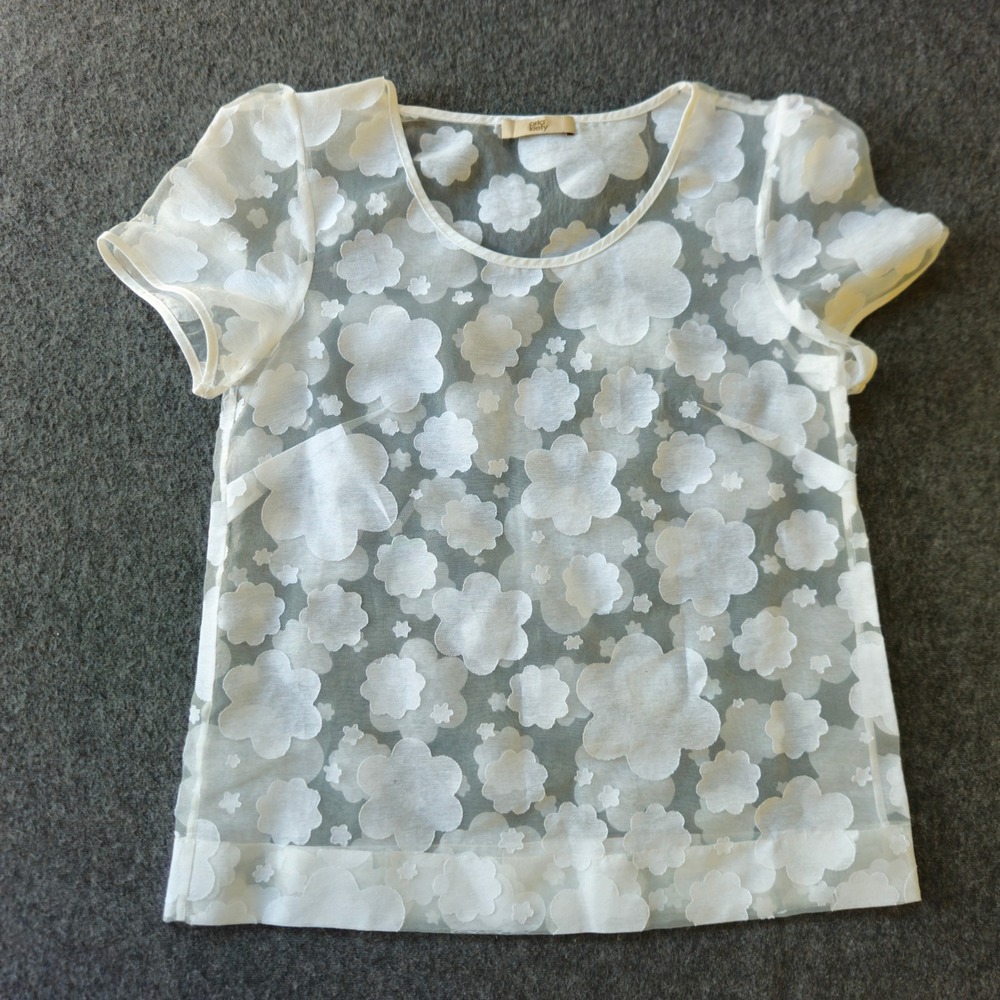 Orla Kiely Whimsical Top Sz M White Sheer Floral Applique Scoop Neck Twee Bridal - Picture 1 of 6